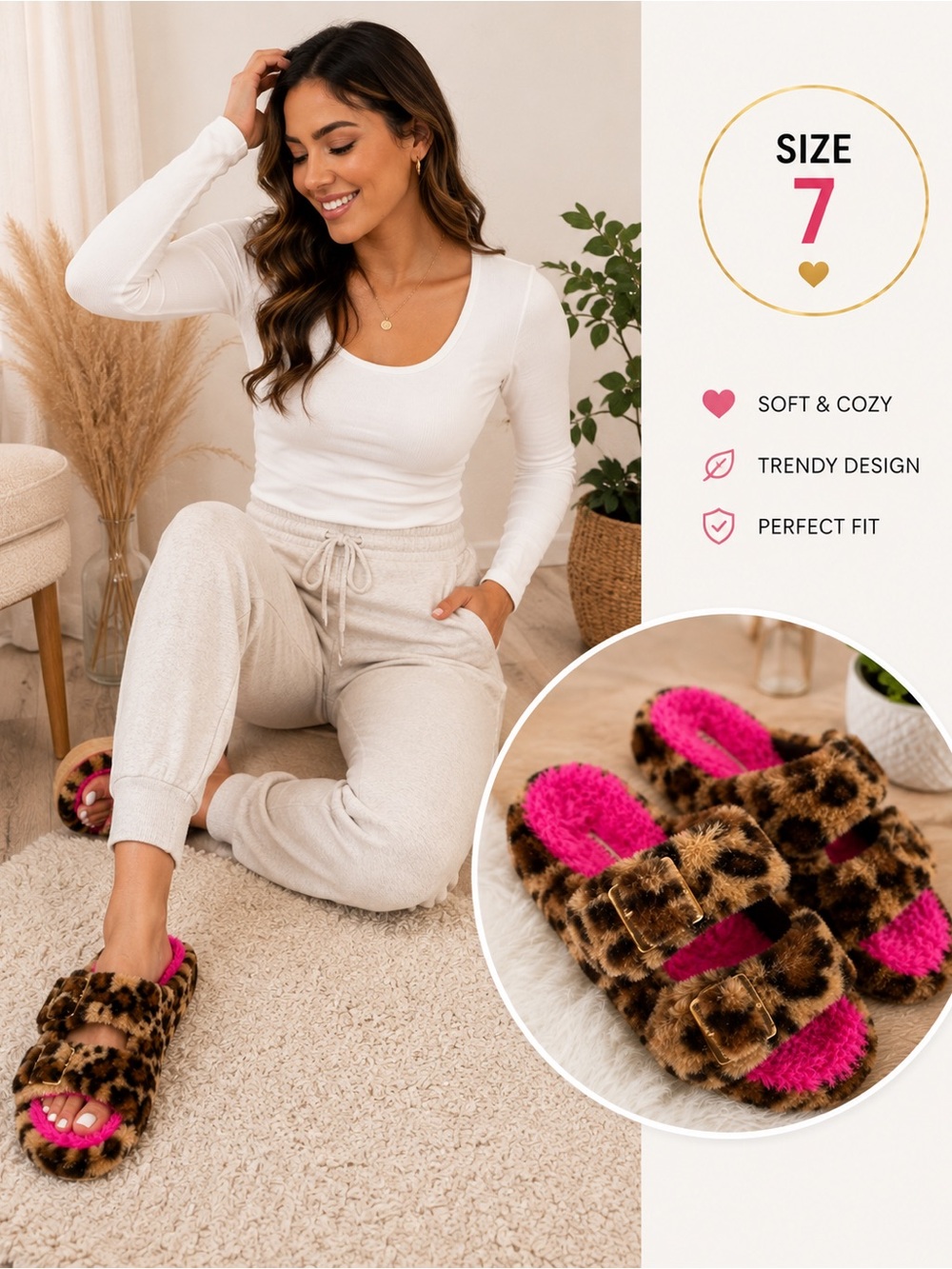 Cape Robbin Leopard Print Fuzzy Slide Sandals with Hot Pink Lining